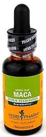 A Bottle of Herb Pharm’s Maca Supplement, Showcasing Its Natural Ingredients and Health Benefits for Vitality and Energy.